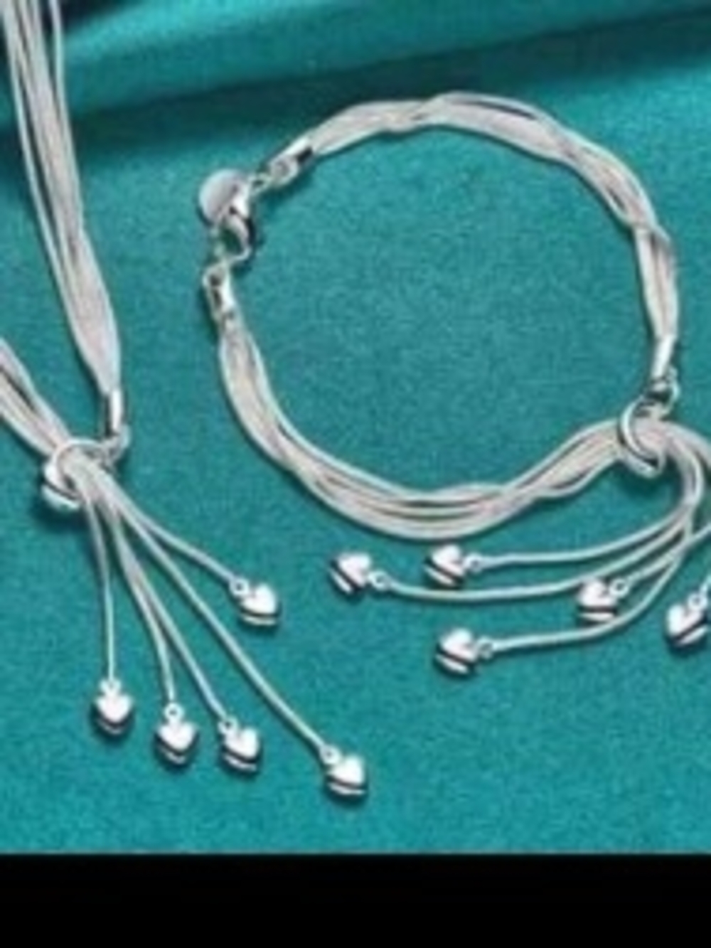 Silver Multi-Strand Heart Drop Bracelet and Necklace ecklace